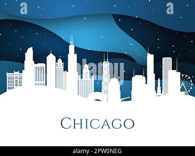 Horizon enneigé de Chicago sur fond bleu. Monuments les plus célèbres. Veille de Noël à Chicago. Style d'art papier. Illustration de Vecteur