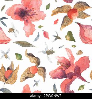 Aquarelle sans couture avec Rhododendron et Physalis de couleur rose dessinés à la main sur blanc isolé Banque D'Images