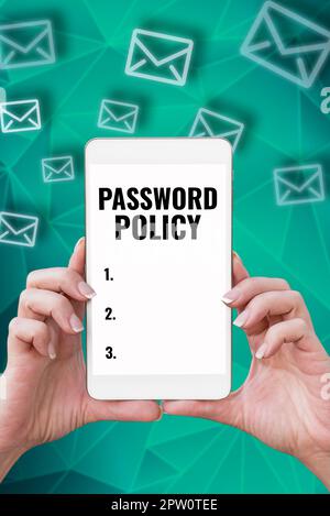 Légende de texte présentant la politique de mot de passe, concept signifiant la première ligne de protection contre tout accès non autorisé Banque D'Images