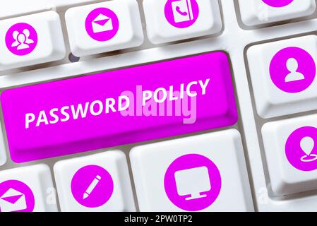 Légende de texte présentant la politique de mot de passe, concept Internet première ligne de protection contre tout accès non autorisé Banque D'Images