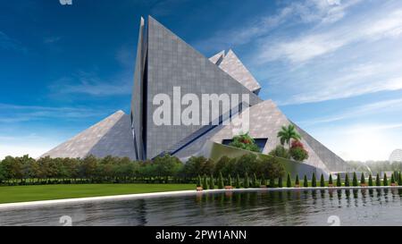 Illustration futuriste de l'architecture d'une vue aérienne avec des structures en béton pyramidal imbriqué. Banque D'Images