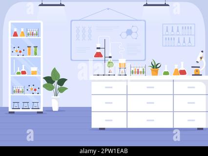 Laboratorium avec réalisation de la recherche scientifique, l'expérimentation et la mesure dans un laboratoire en dessin à plat dessin à la main modèles Illustration Illustration de Vecteur