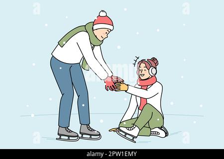 Un homme attentionné aide une femme sur la patinoire Illustration de Vecteur