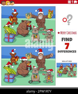 Jeux de différences avec des personnages animaux à l'heure de Noël Illustration de Vecteur