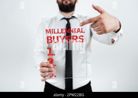 Signe d'écriture manuelle acheteurs millénaire, mot pour le type de consommateurs qui sont intéressés par les produits tendance Banque D'Images