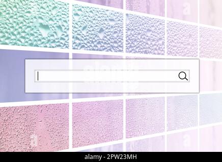 Le champ de recherche est situé en haut du collage de plusieurs fragments de verre, décoré avec des gouttes de pluie des condensats. Couleurs arc-en-ciel Banque D'Images
