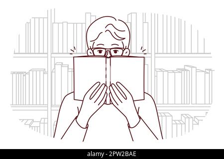Homme en lunettes lisant le livre dans la bibliothèque Illustration de Vecteur