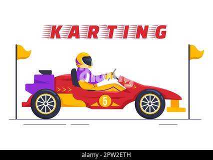 Karting Sport avec jeu de course Go Kart ou Mini car sur piste de petit circuit en dessin animé à la main dessin animé à plat Illustration du modèle Banque D'Images