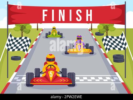 Karting Sport avec jeu de course Go Kart ou Mini car sur piste de petit circuit en dessin animé à la main dessin animé à plat Illustration du modèle Banque D'Images