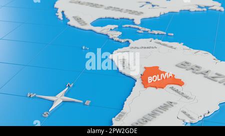 Carte 3D simplifiée de l'Amérique du Sud, avec la Bolivie mise en évidence. Rendu 3D numérique. Banque D'Images