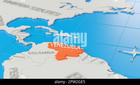 Carte 3D simplifiée de l'Amérique du Sud, avec le Venezuela mis en évidence. Rendu 3D numérique. Banque D'Images