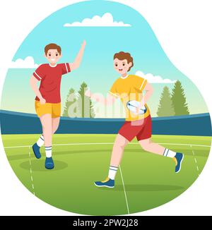Rugby Player Running Illustration avec un ballon dans le sport de championnat pour Web Banner ou page d'arrivée dans le dessin à la main de dessin à plat de dessin animé Illustration de Vecteur