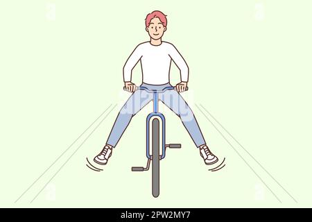 Un jeune homme plein de joie à faire du vélo en plein air. Un homme souriant s'amuse à faire une balade à vélo dans la rue. Activités le week-end à l'extérieur. Illustration vectorielle. Banque D'Images