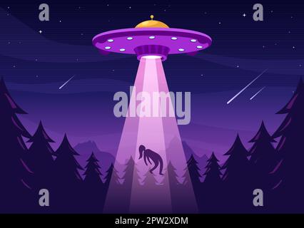 Vaisseau spatial de vol d'OVNI avec soucoupe volante au-dessus de la ville ciel abduit l'homme ou les animaux dans le dessin animé à la main dessins de dessin animé Illustration Illustration de Vecteur