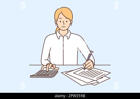 Employée féminine occupée à compter sur la calculatrice Illustration de Vecteur