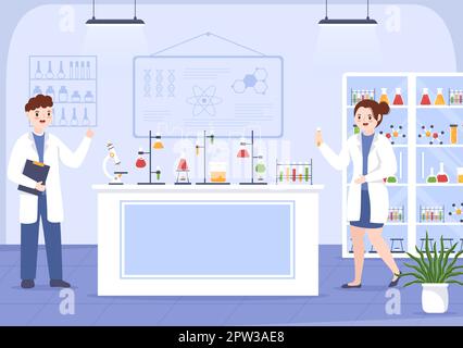 Laboratorium avec réalisation de la recherche scientifique, l'expérimentation et la mesure dans un laboratoire en dessin à plat dessin à la main modèles Illustration Illustration de Vecteur