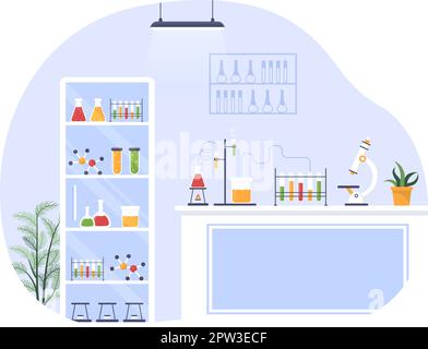 Laboratorium avec réalisation de la recherche scientifique, l'expérimentation et la mesure dans un laboratoire en dessin à plat dessin à la main modèles Illustration Illustration de Vecteur