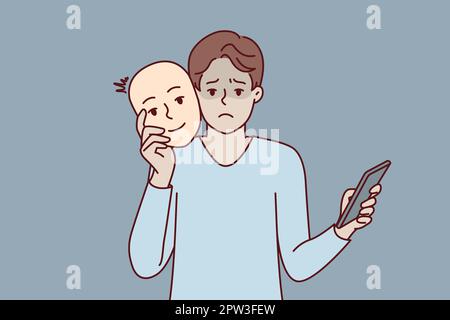 Homme malheureux avec le téléphone utilise le masque pour prétendre être humain positif pendant la datation en ligne. Image vectorielle Illustration de Vecteur