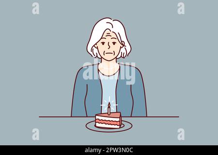 La femme âgée s'assoit à la table avec un morceau de gâteau et souffre de l'absence de parents. Image vectorielle Illustration de Vecteur