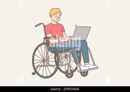 Homme souriant en fauteuil roulant, travail sur ordinateur Illustration de Vecteur