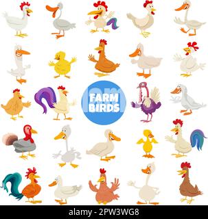 dessin animé drôle ferme oiseaux animaux personnages grand ensemble Illustration de Vecteur