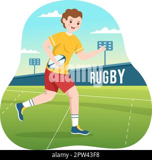 Rugby Player Running Illustration avec un ballon dans le sport de championnat pour Web Banner ou page d'arrivée dans le dessin à la main de dessin à plat de dessin animé Illustration de Vecteur