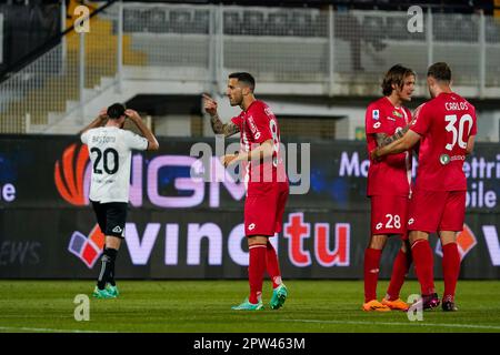 La Spezia, Italie. 28th avril 2023. Patrick Ciurria (AC Monza) célèbre son but pendant le championnat italien série Un match de football entre Spezia Calcio et AC Monza sur 28 avril 2023 au stade Alberto Picco à la Spezia, Italie - photo Morgese-Rossini/DPPI crédit: DPPI Media/Alay Live News Banque D'Images