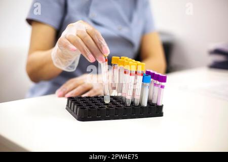Femme médecin tenant les tubes à essai de sang dans les mains. Gros plan Banque D'Images