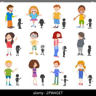 dessin animé enfants et adolescents avec silhouettes ensemble Illustration de Vecteur