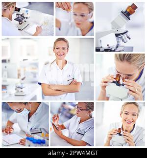 Recherche et développement. Image composite d'une femme travaillant dans un laboratoire Banque D'Images