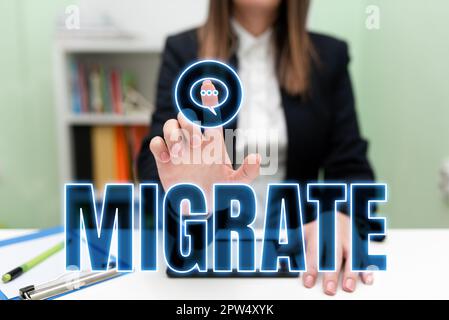 Affiche textuelle montrant Migrate, Business concept pour déplacer ou voyager d'un pays ou d'une localité à un autre Banque D'Images