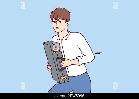 Un homme effrayé avec une valise dans les mains s'éloigne en regardant en arrière pour s'échapper des voleurs. Image vectorielle Illustration de Vecteur