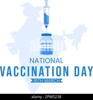Illustration de la Journée nationale de vaccination sur 16 mars avec seringue de vaccin pour une immunité forte sur un dessin à la main tiré vers le modèle de page d'arrivée Illustration de Vecteur
