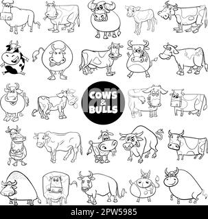 dessins animés vaches et taureaux ferme animaux grand ensemble de coloriage page Illustration de Vecteur