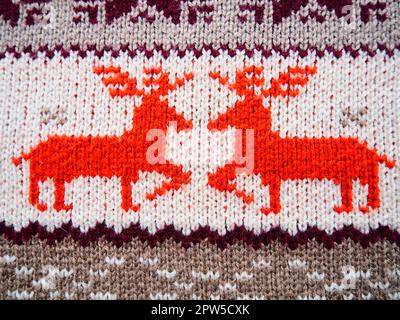Motif jacquard tricoté. Décoration géométrique pour Noël ou nouvel an. Deux cerfs rouges sur un fond blanc tricoté avec des zigzags horizontaux. Hiver fas Banque D'Images