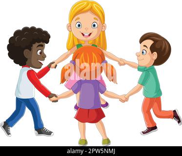 Des enfants heureux se tenant les mains et dansant en cercle Illustration de Vecteur