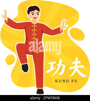 Kung Fu Illustration avec des gens montrant l'art martial de sport chinois dans le dessin à la main de dessin à la main pour le Web Banner ou les modèles de page d'arrivée Illustration de Vecteur