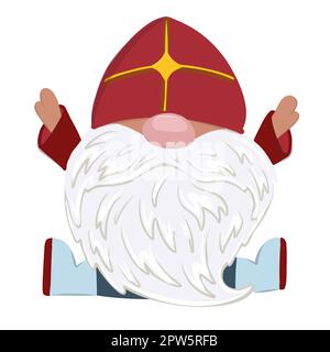 Caractère Saint Nicholas Day isolé sur blanc. Le gnome tient un cadeau. Nicholas vieil homme religion chrétienne. Onglet rouge. Prêtre nain. Banque D'Images