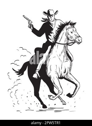 Dessin de style BD ou illustration d'un cow-boy avec un pistolet à cheval galopant vu de l'avant sur fond isolé en noir et blanc Banque D'Images