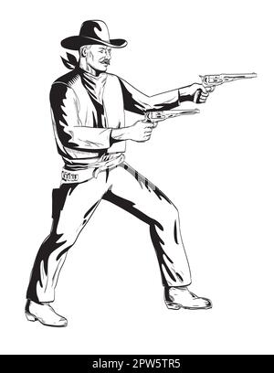 Dessin de style BD ou illustration d'un cow-boy avec deux revolver pistolet visant du côté sur fond isolé en noir et blanc rétro Banque D'Images