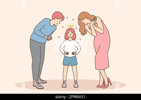 Les parents heureux admirent le petit enfant dans la couronne. Mère et père montrent l'admiration à la petite fille enfant. Concept d'enfants gâtés. Illustration vectorielle. Banque D'Images