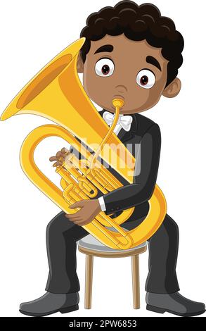 Petit garçon de dessin animé jouant un trombone Illustration de Vecteur