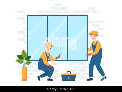 Service d'installation de fenêtres et de portes avec un employé pour la réparation et la rénovation à domicile utiliser les outils du dessin main du dessin animé à plat Illustration du modèle Banque D'Images
