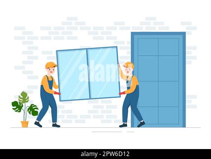 Service d'installation de fenêtres et de portes avec un employé pour la réparation et la rénovation à domicile utiliser les outils du dessin main du dessin animé à plat Illustration du modèle Banque D'Images