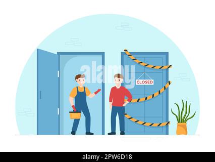 Service d'installation de fenêtres et de portes avec un employé pour la réparation et la rénovation à domicile utiliser les outils du dessin main du dessin animé à plat Illustration du modèle Banque D'Images