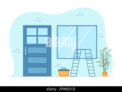 Service d'installation de fenêtres et de portes avec un employé pour la réparation et la rénovation à domicile utiliser les outils du dessin main du dessin animé à plat Illustration du modèle Banque D'Images
