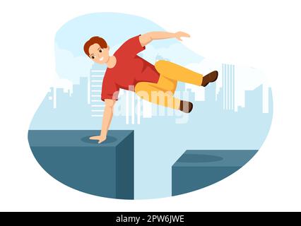 Parkour Sports avec des jeunes hommes qui sautent au-dessus des murs et des barrières dans les rues et les bâtiments de la ville dans un dessin-modèle de dessin animé à la main Banque D'Images