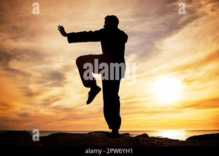 Homme de plage, silhouette et karaté au coucher du soleil au Canada pour la paix, la concentration et l'entraînement pour la compétition. Équilibre, exercice et forme physique de professionnel Mart Banque D'Images