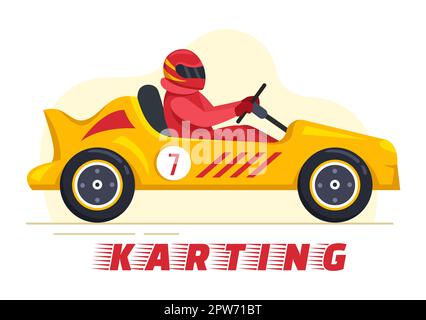 Karting Sport avec jeu de course Go Kart ou Mini car sur piste de petit circuit en dessin animé à la main dessin animé à plat Illustration du modèle Banque D'Images