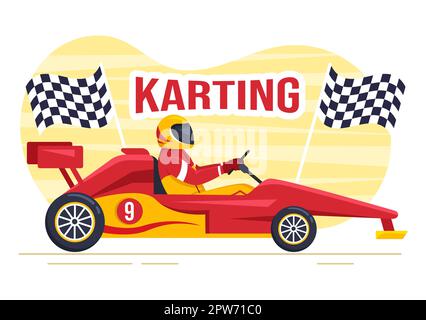 Karting Sport avec jeu de course Go Kart ou Mini car sur piste de petit circuit en dessin animé à la main dessin animé à plat Illustration du modèle Banque D'Images